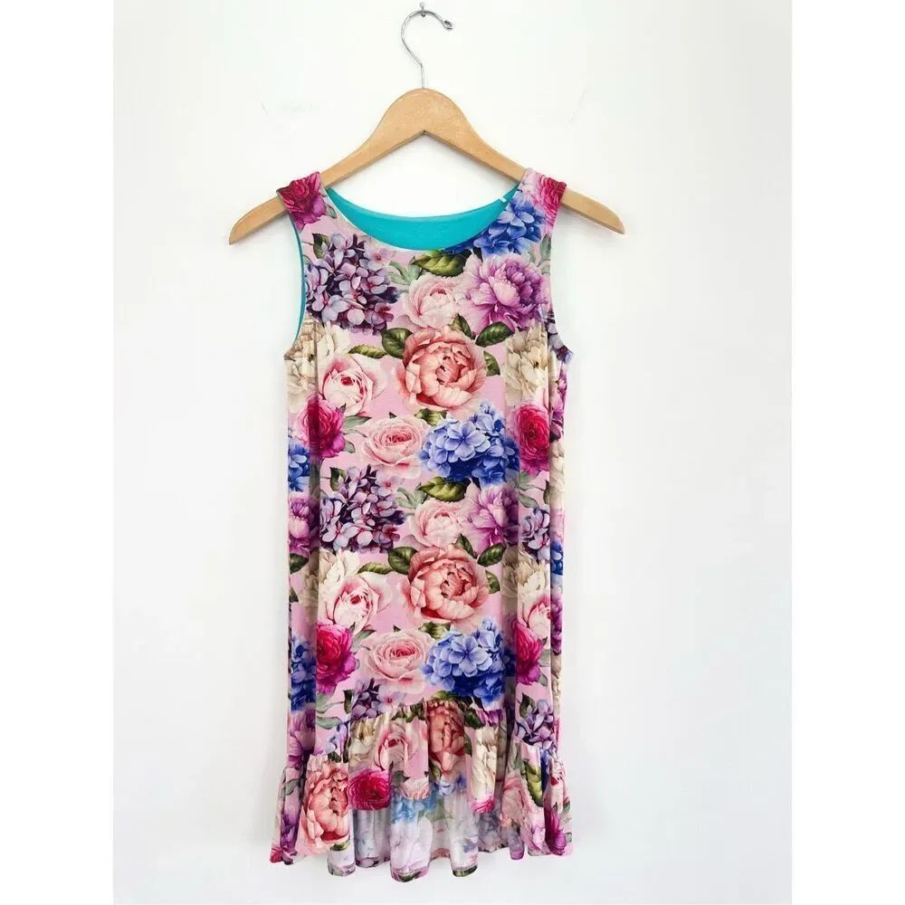 Posh Peanut Girls Multi Floral Sleeveless Tank High Low Ruffle Hem Bamboo Dress